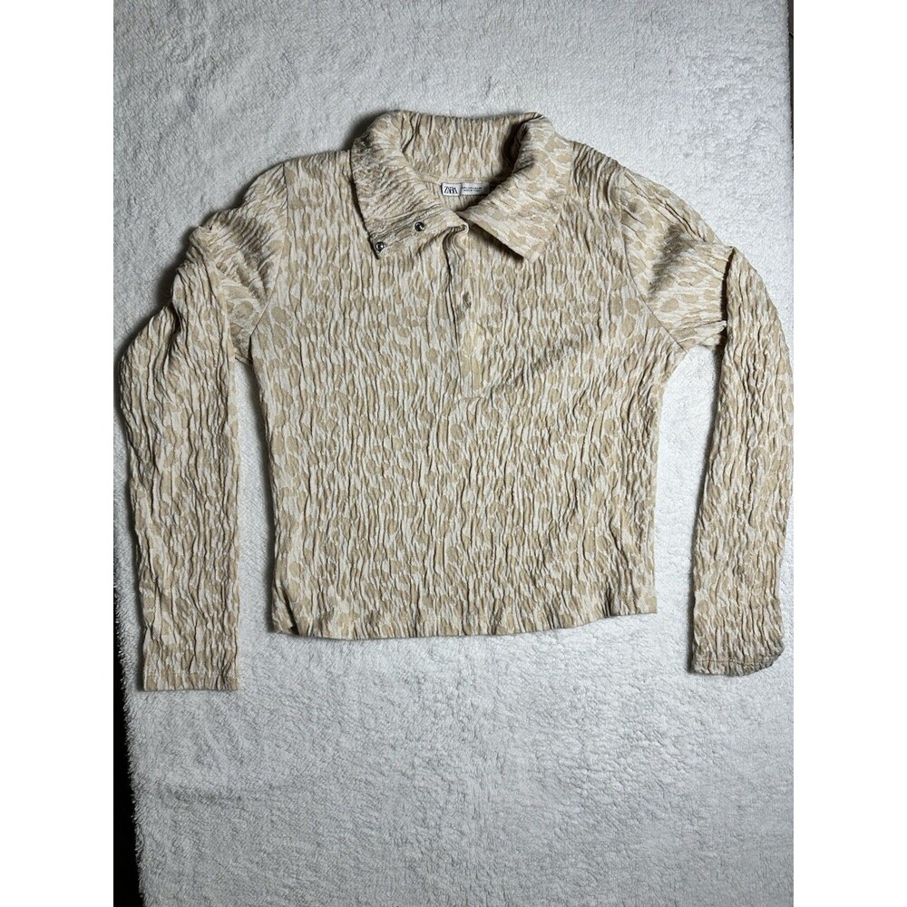 Zara Long Sleeve Beige Animal Print Cropped Crinkled Snap Button Top Sz L